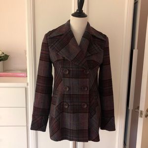 NWOT Moda Int. Burgundy Plaid Wool Pea Coat